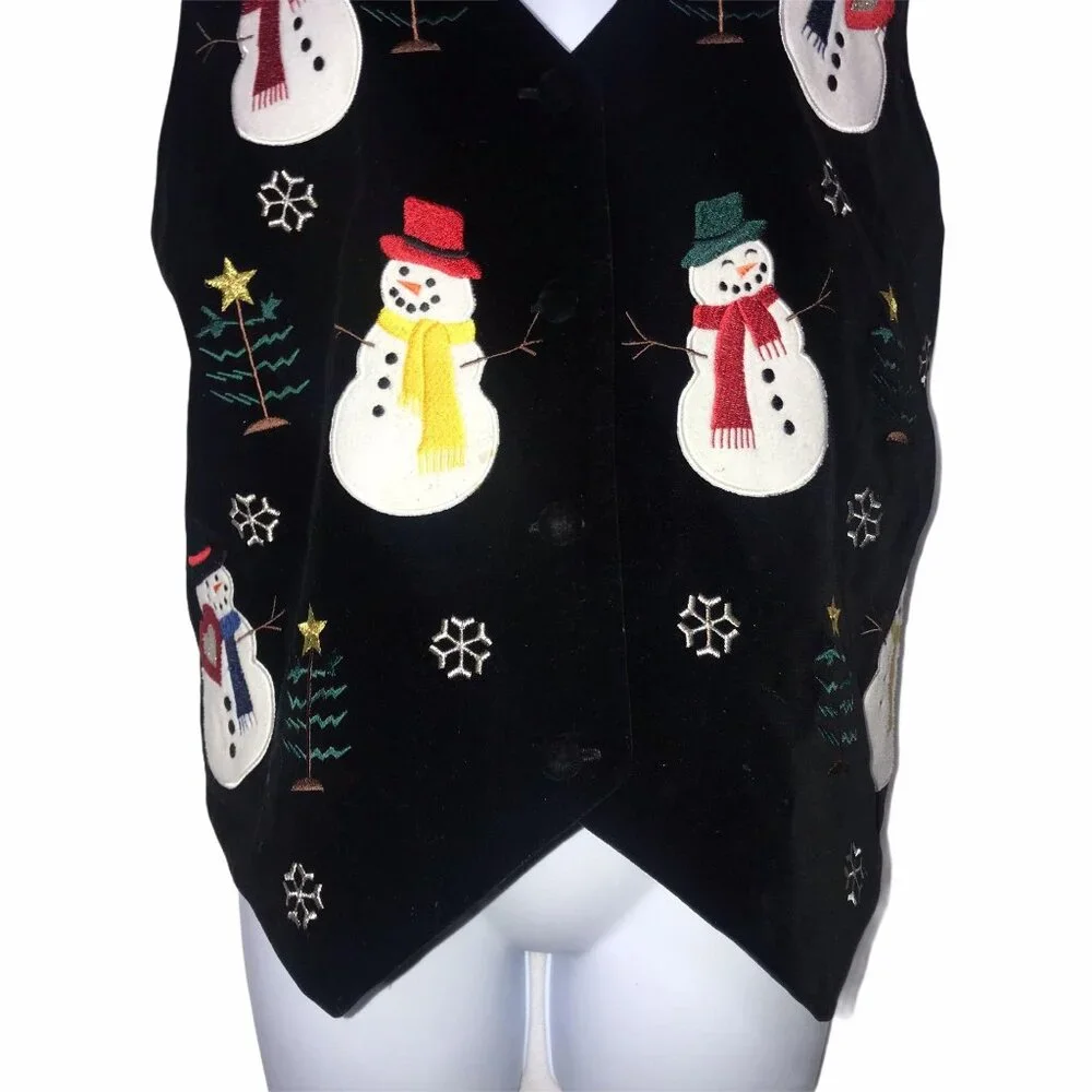 Vintage Westbound Christmas Vest Womens Petites PM Black Velvet Holiday Snowman - Picture 3 of 10